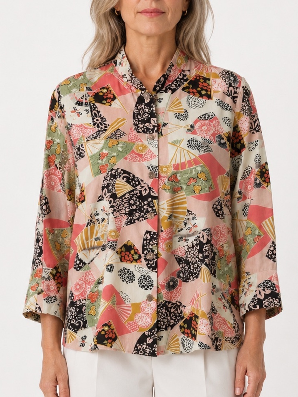 Citron Santa Monica vintage pink and green Japanese fan blouse
